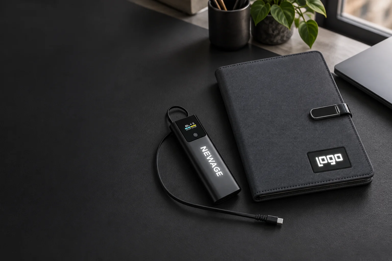 Çalışma masasında powerbank ve teknolojik defter