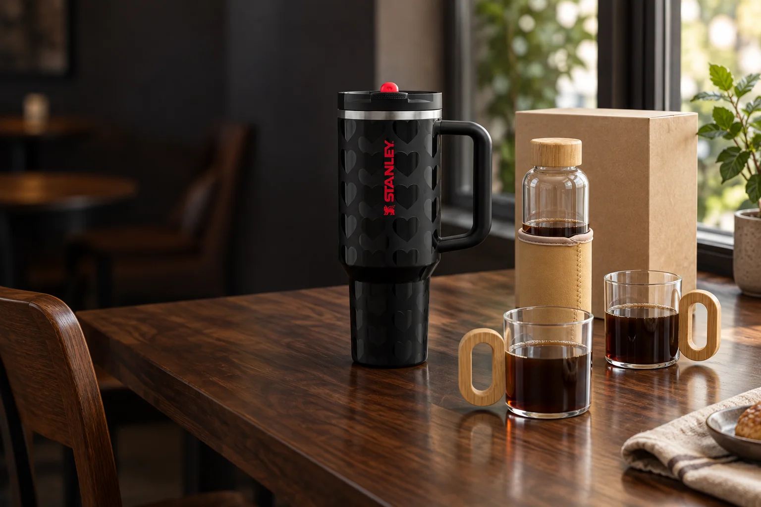 Kafe masasında termos ve cam matara seti