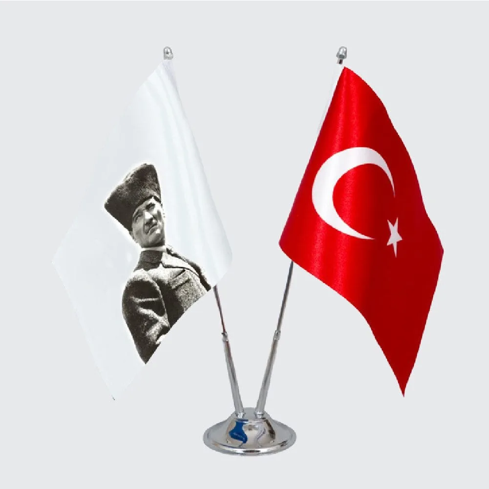 Atatürk & Türk Bayrağı Çift Direkli Masa Seti