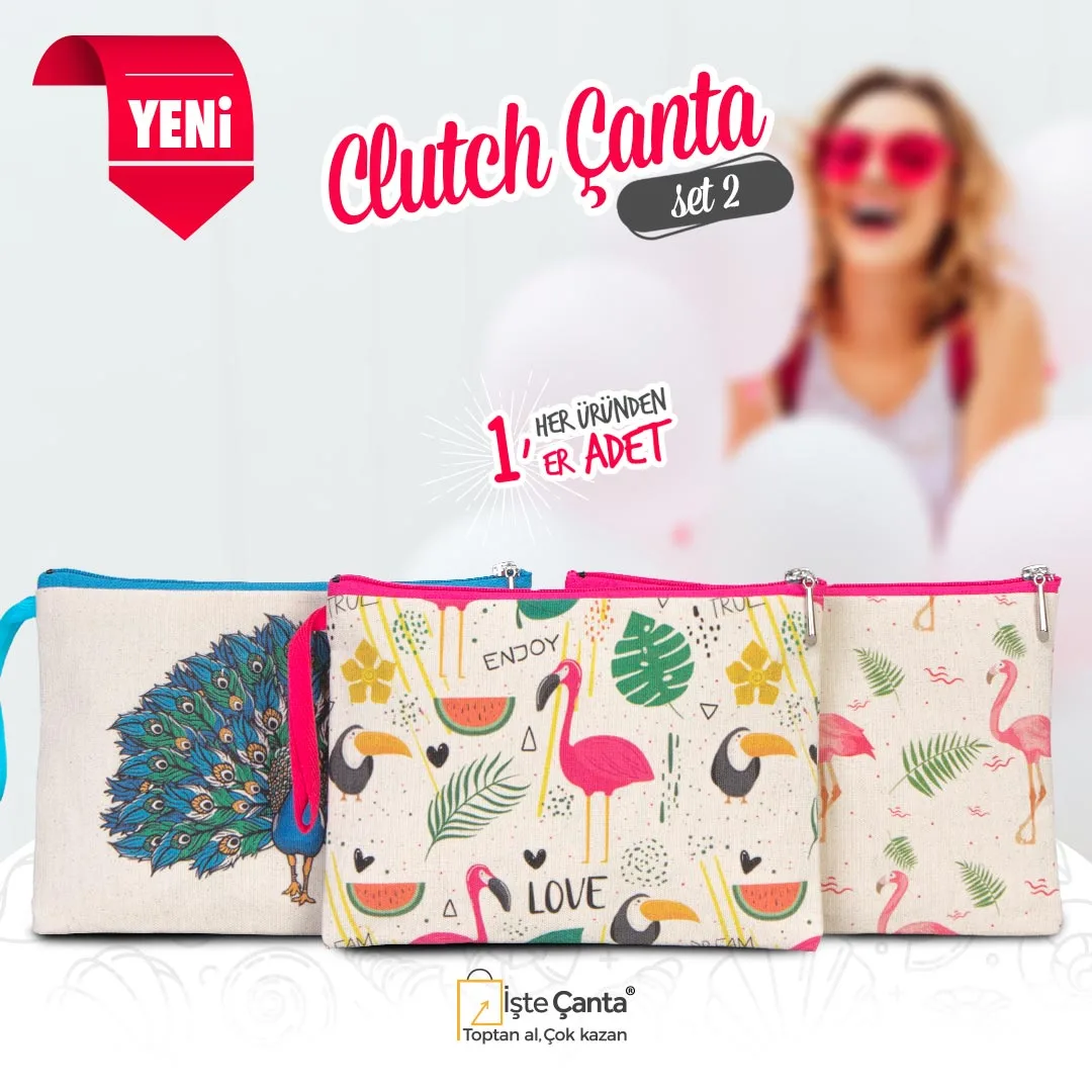 Flamingo Baskılı Clutch Set - Her Üründen 1 Adet