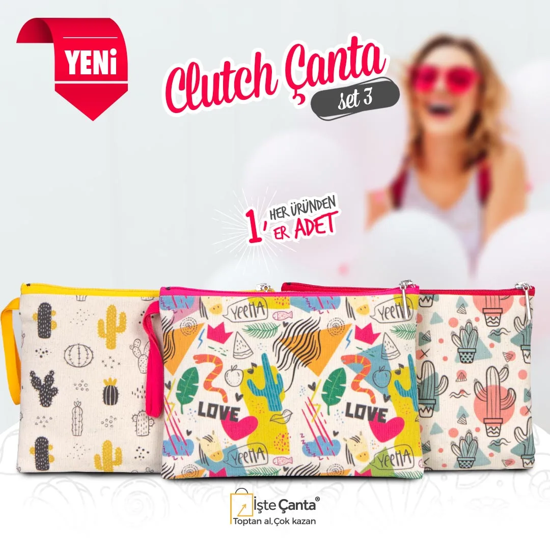 Kaktüs Baskılı Clutch Set - Her Üründen 1 Adet