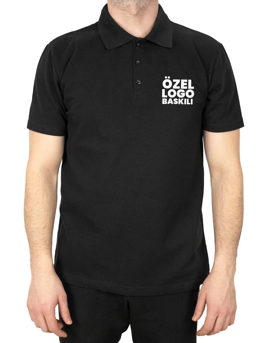 Polo Yaka Siyah Tişört - Baskılı