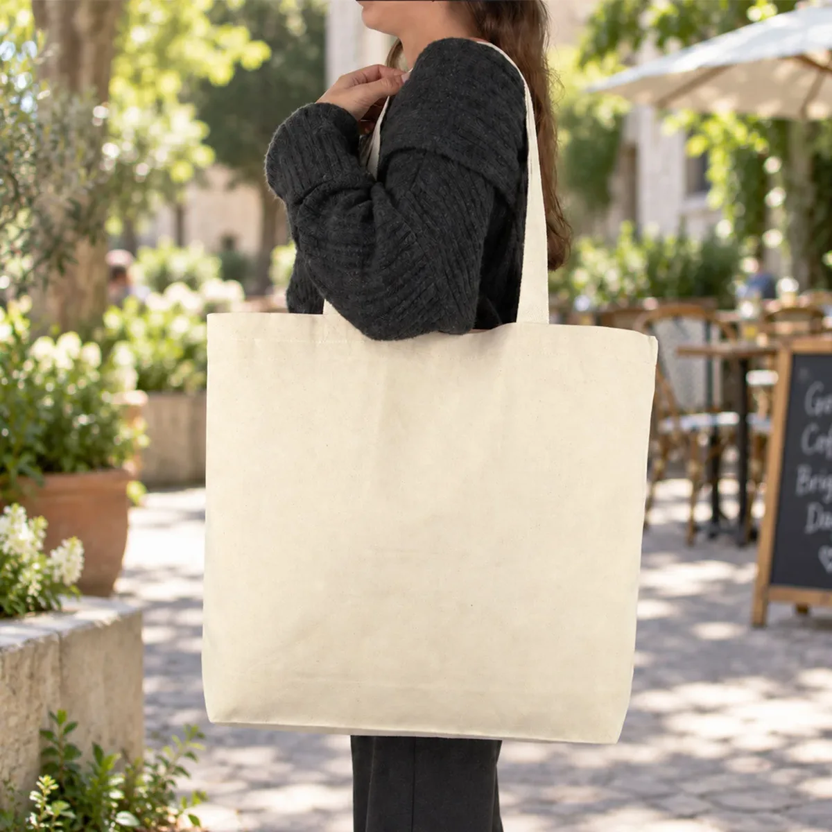Canvas Beach Bag with Inside Pocket Knitted Handle - 48x41x10 cm